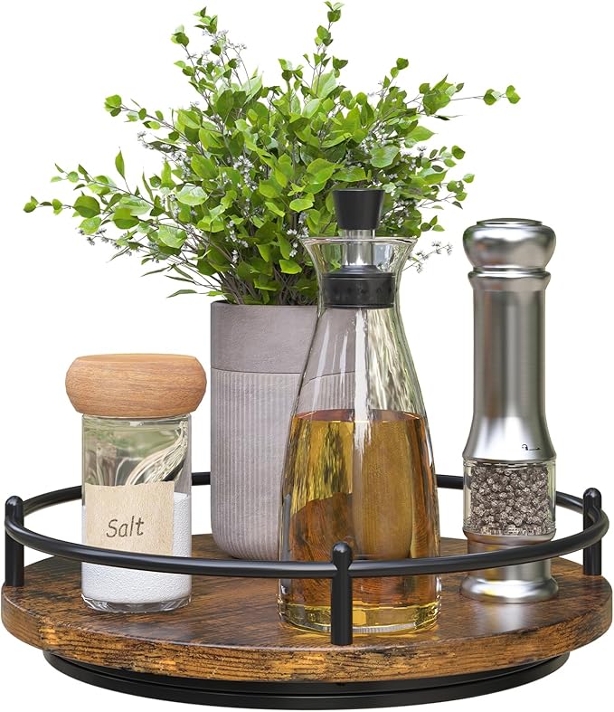 Lazy Susan Organizer：9 Inch Rotating Spice Rack for Kitchen Countertop Round Wooden Turntable Holder for Cabinet, Dining Table, Cupboard Storage – Black by KOKSTOP