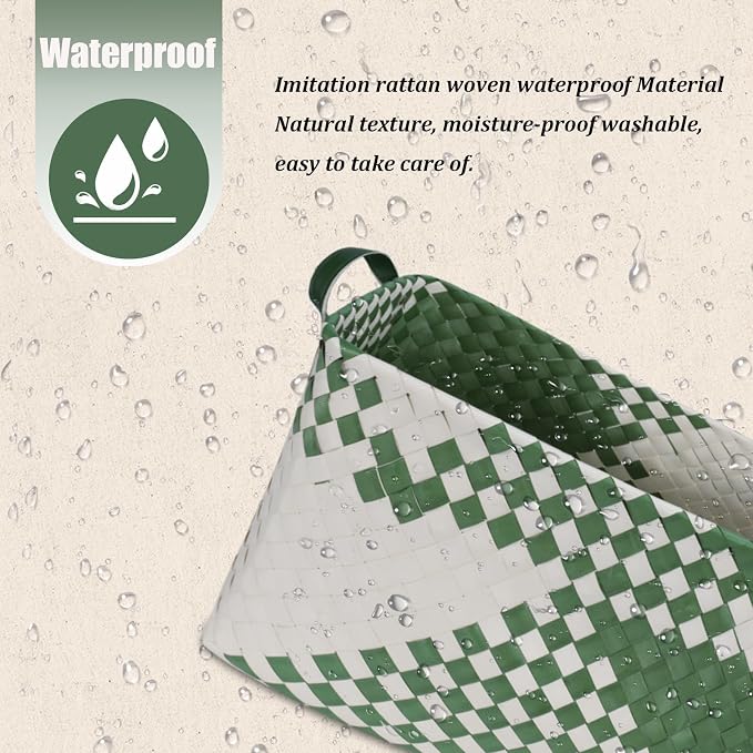 BROWNLILY Handwoven Clothes Basket Laundry Hampers Large Wicker Storage Baskets for Shelves Blankets Closet Storage Bins Car Bedroom Bathroom Organizers and Storage Bath (Pack of 4, Green&White) - Image 6