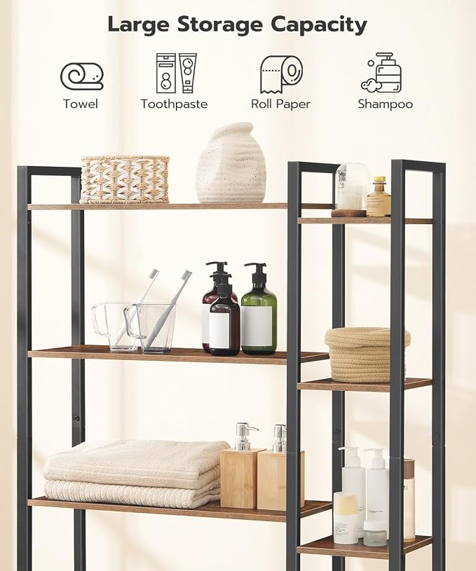 HOOBRO Over The Toilet Storage, 8-Tier Bathroom Organizer Over Toilet Shelf, Storage Rack Above Toilet Stand, Freestanding Space Saver, Toilet Paper Holder, Rustic Brown and Black BF86TS01 - Image 5