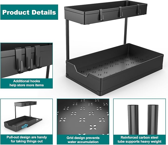 NATURE'S SOURCE 2 Pack Under Sink Organizer 2 Tier Sliding Cabinet Organizers Multi-Purpose Sink Storage Basket L-Shape Narrow Space Storage Shelves with 4 Hook for Kitchen Bathroom Drawer, Black - Image 3