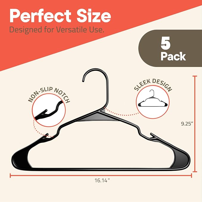 Black Plastic Hangers 5 Pack– Heavy-Duty Plastic Hangers Slim and Space-Saving, Durable and Lightweight PP with Non-Slip Shoulder Notches for Slip Dresses, Suits, Jackets & Camisoles - Image 2