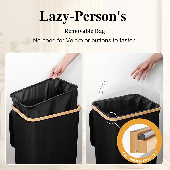 Foluck 100L Laundry Hamper with Lid Removable Bag and Bamboo Handles - Image 3
