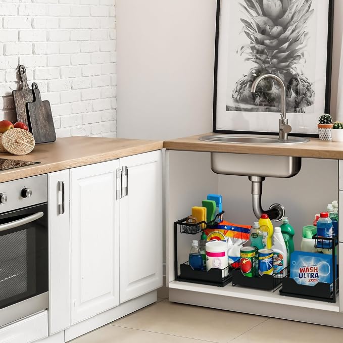 3 Pack, Under Sink Organizer 2-Tier with Slide Out Lower Drawer - Metal Pull Out Cabinet Organizer for Kitchen Bathroom, Includes Removable Center Basket & Storage Shelves, Space Saving Design - Image 5