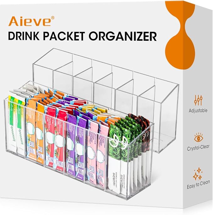 Aieve 2 Pack Drink Packet Organizer, Water Drink Packet Holder with Removable Dividers for Pantry Organizers and Storage, Water Flavor Powder Mix Holder for Kitchen Storage Organization by Aieve