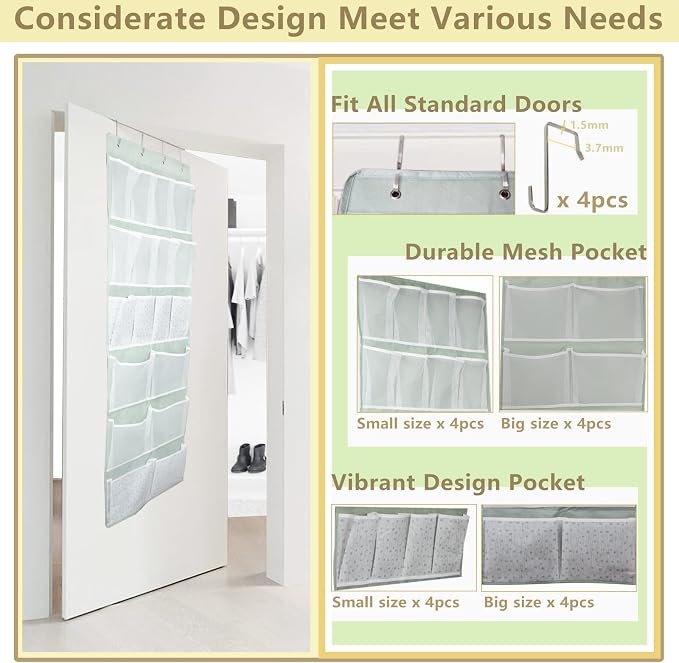 18 Pockets Over the Door Organizer with 4 Kind Pockets,Behind Door Shoes Rack,Back of Closet Storage Organization for Socks,Hat,Underwear,Luggage Packing,Hanging Holder Shelf in Home Dorm,Travel,Green - Image 7
