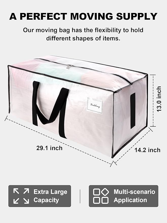 HOMESURE Supports 200lbs Heavy Duty Moving Bags - Strong Zipper & Wrap-Around Handles - Water-Resistant Storage Totes, Durable Alternative to Moving Boxes - 40 Pack - Semi-Transparent - Image 5