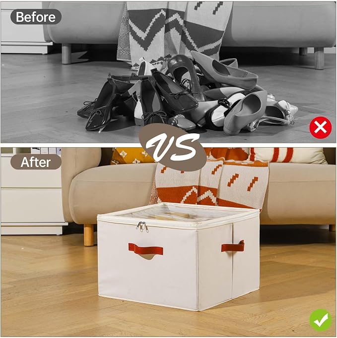 INSTY 2 Pack Shoe Organizer for Closet, Fits up to 32 Pairs, Adjustable Dividers for Shoe Storage, Fabric Shoe Storage Bins with Clear Cover, Beige - Image 5