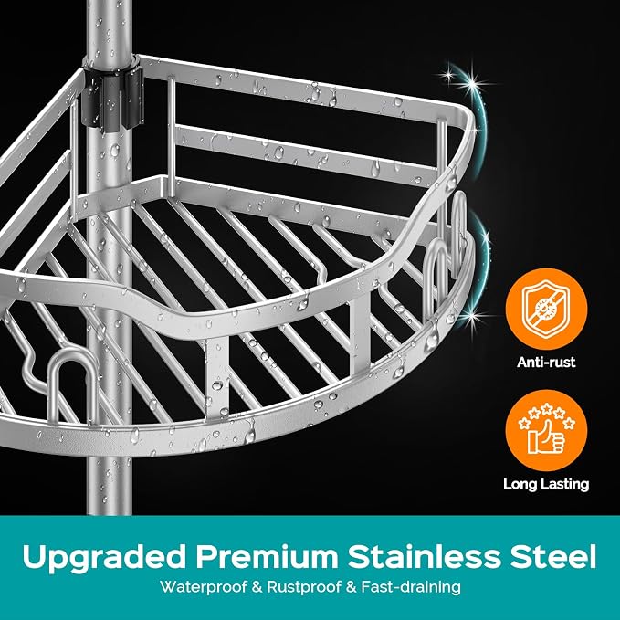 HAMITOR Corner Shower Caddy Tension Pole: Rustproof Stable 4-Tier Bathroom Organizer Shelves for Bathtub Shampoo Storage - 47-121 Inch Quick Install Adjustable Shelf with Soap Rack - Silver Gray - Image 5
