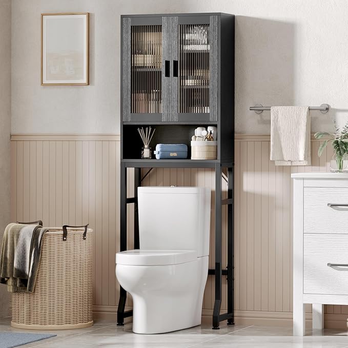 USHOWER Black Over The Toilet Storage Cabinet with Glass Doors by USHOWER
