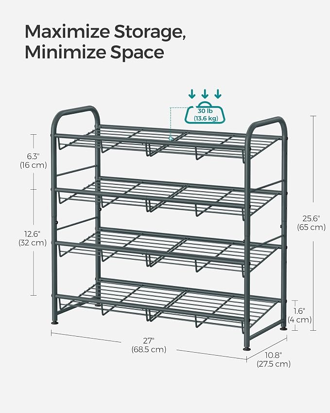 SONGMICS 4-Tier Stackable Metal Shoe Rack, Holds Up to 16 Pairs of Shoes | Shoe Organizer for Closet, Entryway, and Small Spaces, with Adjustable Slanted Shelves, Grey, DAVIAN Collection ULMR067G01 - Image 4
