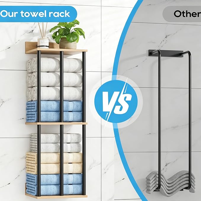 Towel Racks for Bathroom Wall Mounted with Wooden Storage Shelf - Image 7