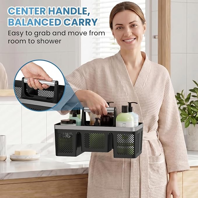 BYUNER Plastic Shower Caddy Dorm: Portable Cleaning & Shower Caddy with Handle, 4 Divided Compartments, All-Side Drainage, Rigid Plastic Basket Tote for College Dorm & Bathroom Use, Black/Silver - Image 4