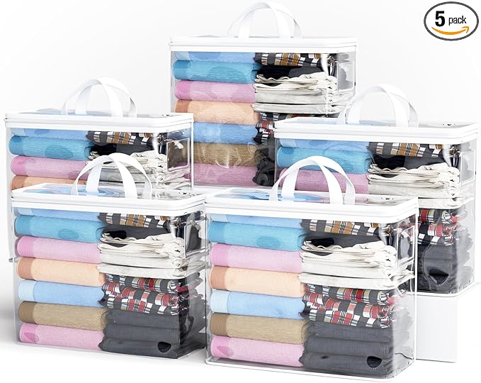 5PACK Plastic Clothes Storage Bag with Zipper, 22L Clear Storage Bags for Stationery and Clothes Organisers for Bedding, Blankets, Comforters, Books, DVD & CD (White) by Hopack