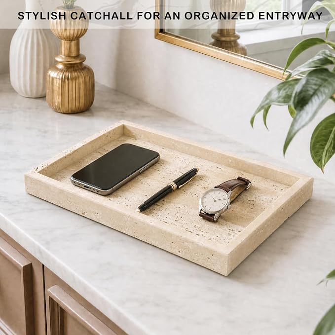 Marble Bathroom Tray for Countertop & Home Decor, Natural Decorative Marble Tray for Jewelry & Perfume Organizer, Stone Vanity Trays for Dresser, Kitchen Counter, 12" x 8", Beige Travertine - Image 7