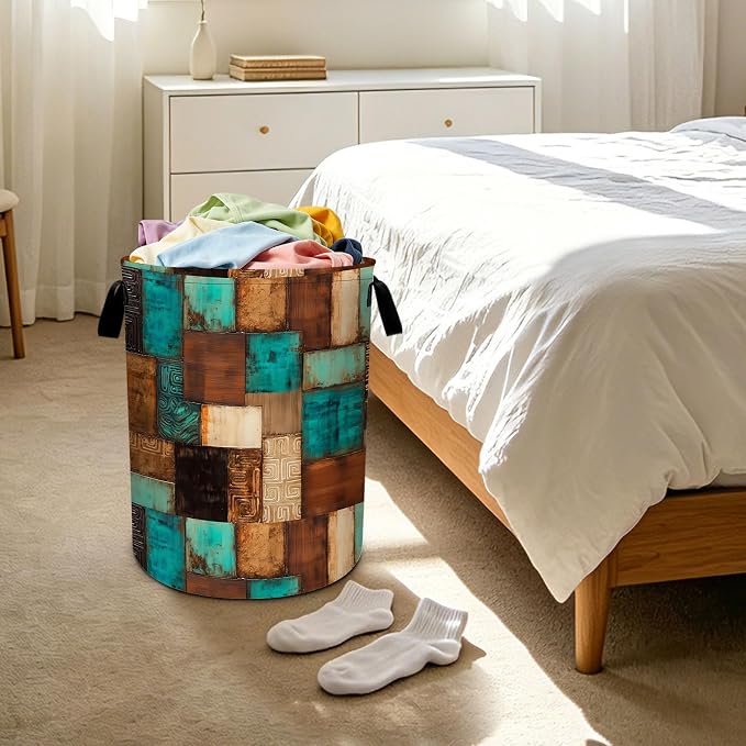 Vintage Geometric Teal Laundry Basket Foldable Laundry Hamper With Handles Clothes Storage Bucket Organizer Laundry Bag For Bedroom Bathroom Laundry Storage 19.6 x 15.7 - Image 6
