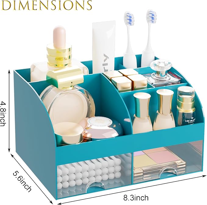 Makeup Organizer with 2 Drawers, Cosmetic Storage for Dresser Vanity and Bathroom Countertop,Make up organization and Skincare Storage with Beauty Brush Holder, Cosmetic Display Case (Dark Green) - Image 3