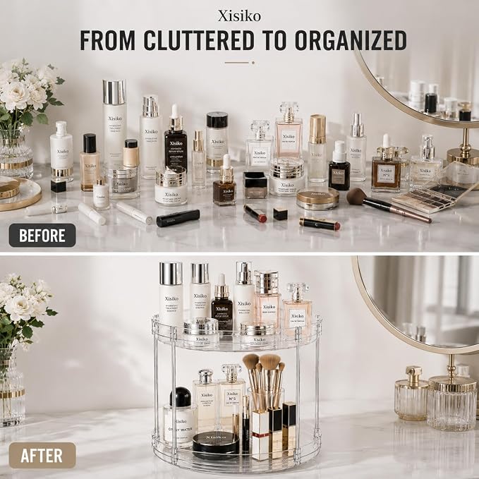 360° Rotating Bathroom Counter Organizer, 2 Tier Clear Makeup Organizer Vanity Storage for Skincare Perfume Cosmetics, Lazy Susan Spinning Storage for Bathroom Vanity Kitchen - Image 3