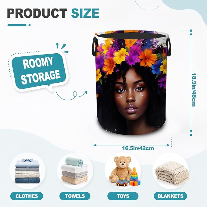 Laundry Hamper,African Girl Woman Collapsible Laundry Basket with Handles,Boho Floral Waterproof Oxford Cloth Clothes Organizer for Bedroom Bathroom Dorm Nursery,16 x 20 Inch - Image 2