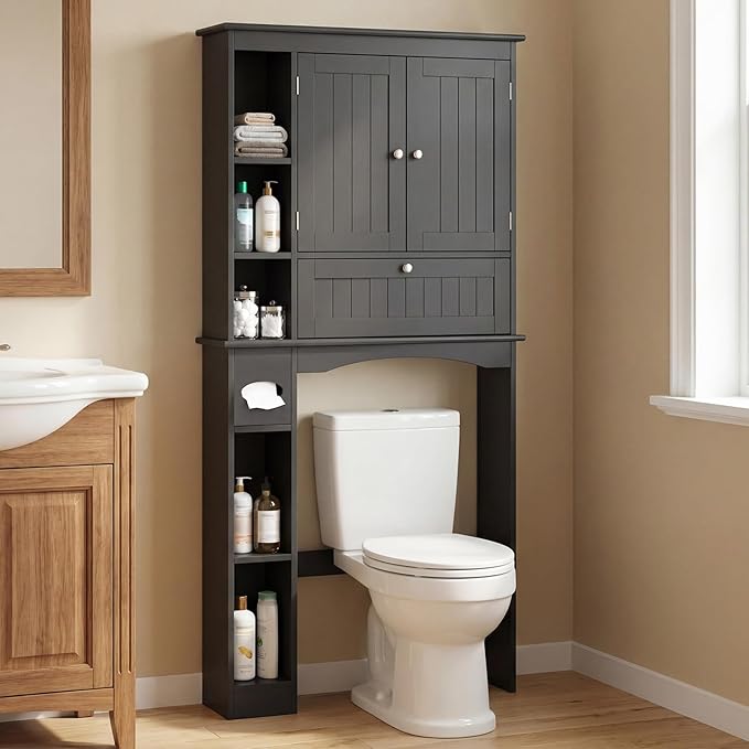 GIANTEX Over The Toilet Storage Cabinet, 31.5''W Freestanding Space Saver with Doors, Adjustable Shelf & Toilet Paper Holder, Over Toilet Bathroom Organizer for Laundry, Restroom, Black by Giantex
