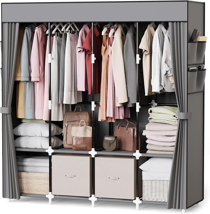 Mavivegue Portable Closet Wardrobe, Clothes Organizer with 4 Hanging Rods, Non-Woven Fabric Cover, Large Capacity Storage for Bedroom and Living Room,Gray by Mavivegue