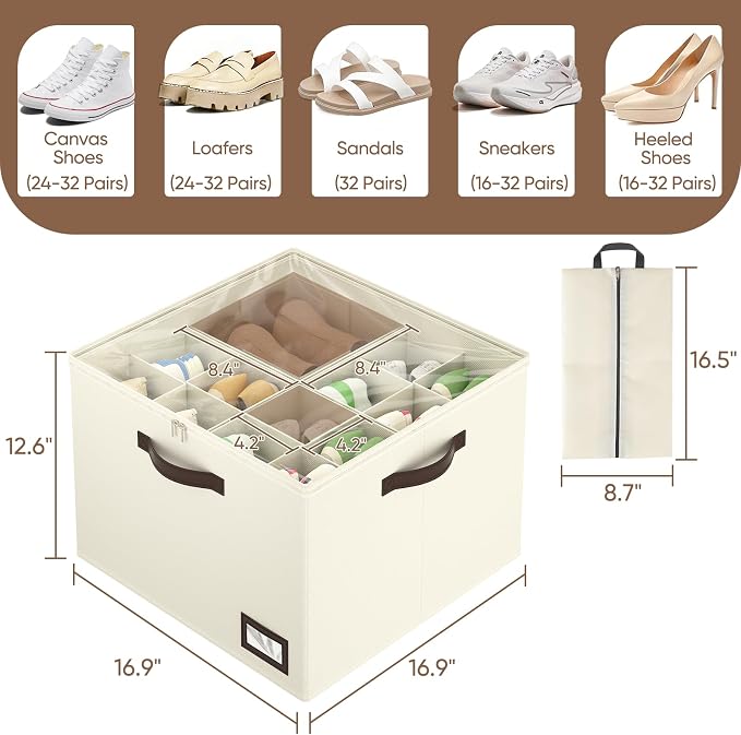 OIAHOMY 2 Pack Shoe Organizer for Closet, Large Foldable Shoe Storage Bins with Dividers and Reinforced Handles, Each Clear Cover Sneaker Box Fits Up to 16 Pairs for Entryway and Bedroom, Beige - Image 3