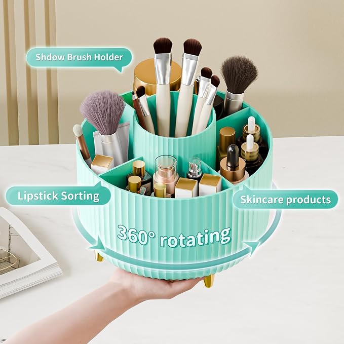 fanado 360° Rotate Makeup Brush Holder Organizer, Makeup Organizers Countertop, Makeup organization and Skincare Storage for Vanity, Desktop, Bathroom (Mint Green) - Image 2
