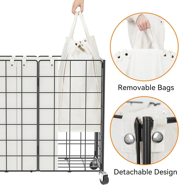 WOWLIVE Laundry Basket 3 Section with Wheels, Metal Rolling Laundry Hamper - Image 6
