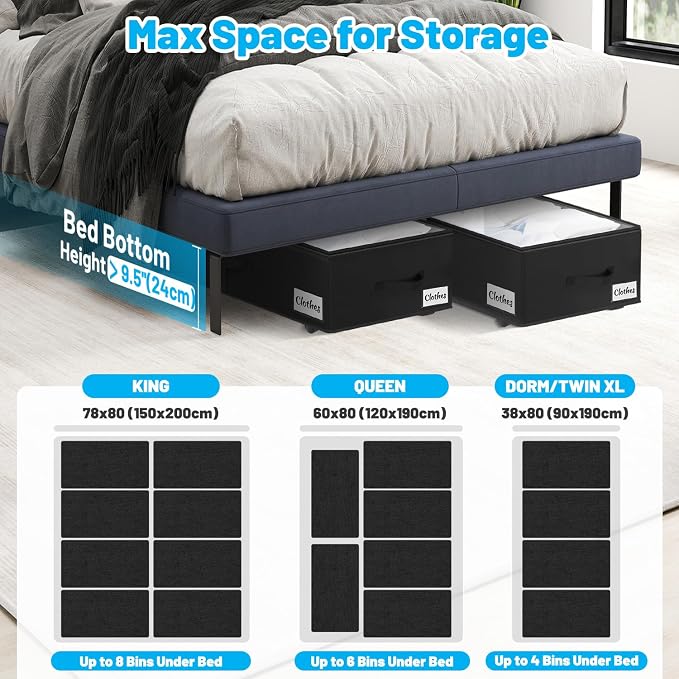 Under Bed Storage with Wheels, 2-Pack 10" Height XXL 75L Rolling Storage Bins, Quick Assembly Underbed Shoe Storage Containers with Clear Lid & Label, Dorm Under Bed Drawers for Clothes, Shoes, Black - Image 9