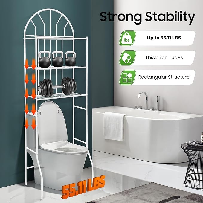 3-Tier Over The Toilet Storage Rack, Space Saver Metal Bathroom Shelves, Freestanding Over Toilet Bathroom Organizer for Bathroom/Living Room (White) - Image 6