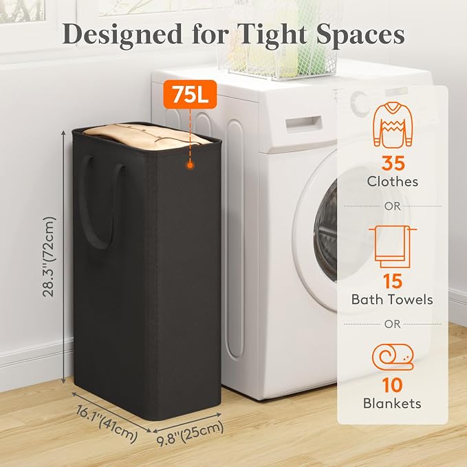 Lifewit Slim Collapsible Laundry Basket with Handles, 75L, Black - Image 2