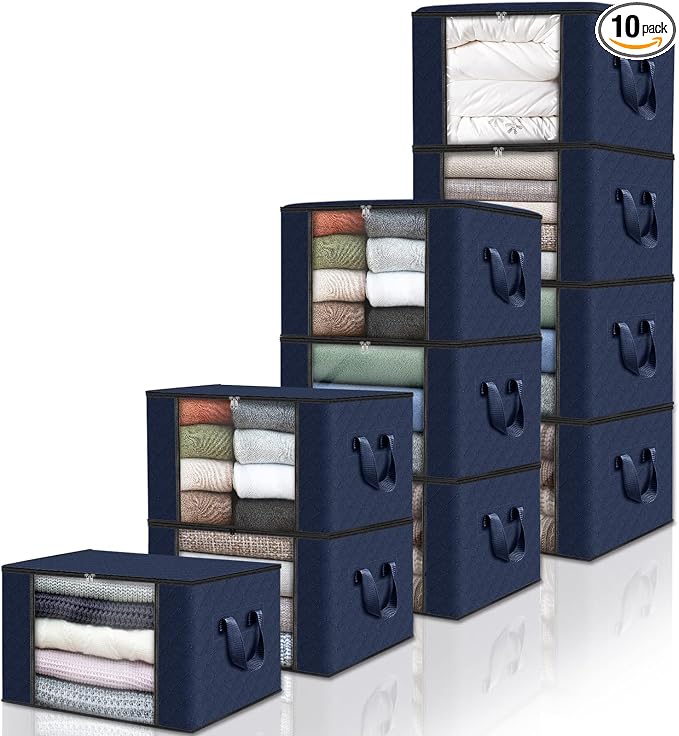 Fab totes 10 Pack Storage Bags for Clothes Blanket Storage Bins with Lids | Foldable Closet Organizers with Zippers,Window and Handles,Fabric Storage Bins for Sweater,Comforter,Bedding,Dorm essentials by Fabtotes