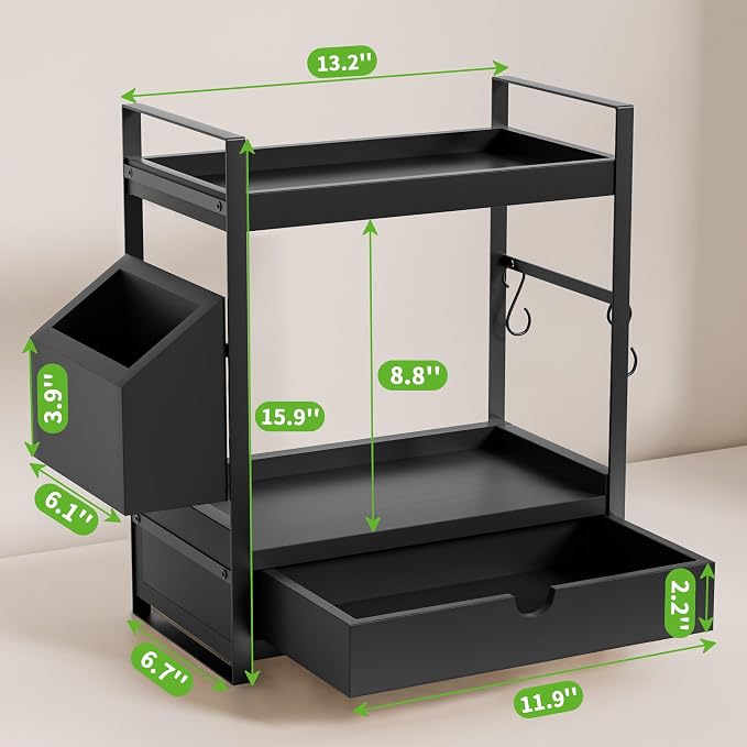 2-Tier Bathroom Counter Organizer, Wooden Vanity Shelf with Drawer & Basket - Image 2