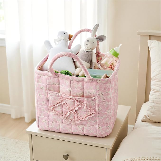 Quilted Fabric Car Storage Basket with Handles & Pocket, Foldable Laundry Hamper Boho Floral Print Organizer Bin for Home, Picnic, Office Nursery Cloth Toy 12"x10"x10" (Style A) - Image 5
