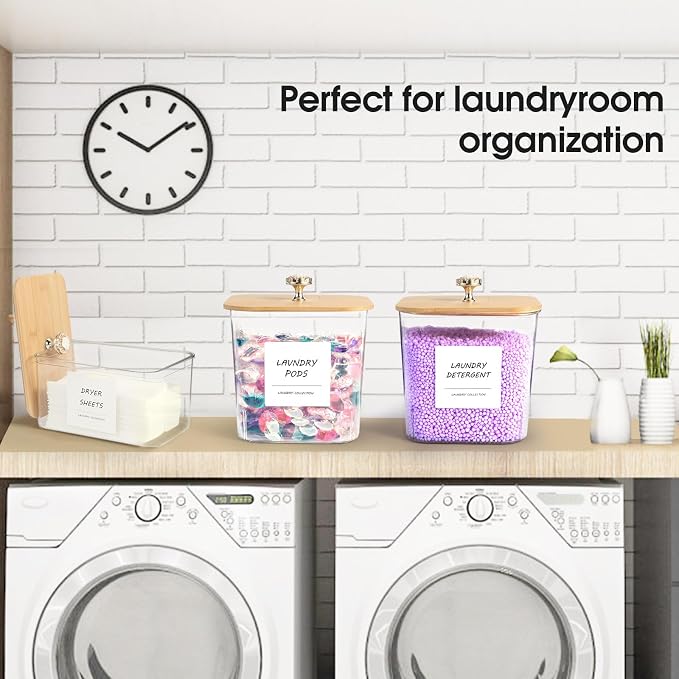 3 Pack Laundry Room Organization Storage Containers, Plastic Clear Laundry Pods Container & Dryer Sheet Holder Jars with Lids, Scoops & Labels for Detergent, Powder, Dryer Balls, Beads - Image 3