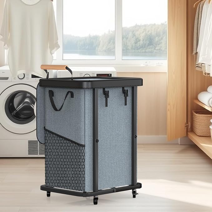 Laundry Hamper with Lid,Leather Patchwork Laundry Basket with Wheels Grey - Image 7