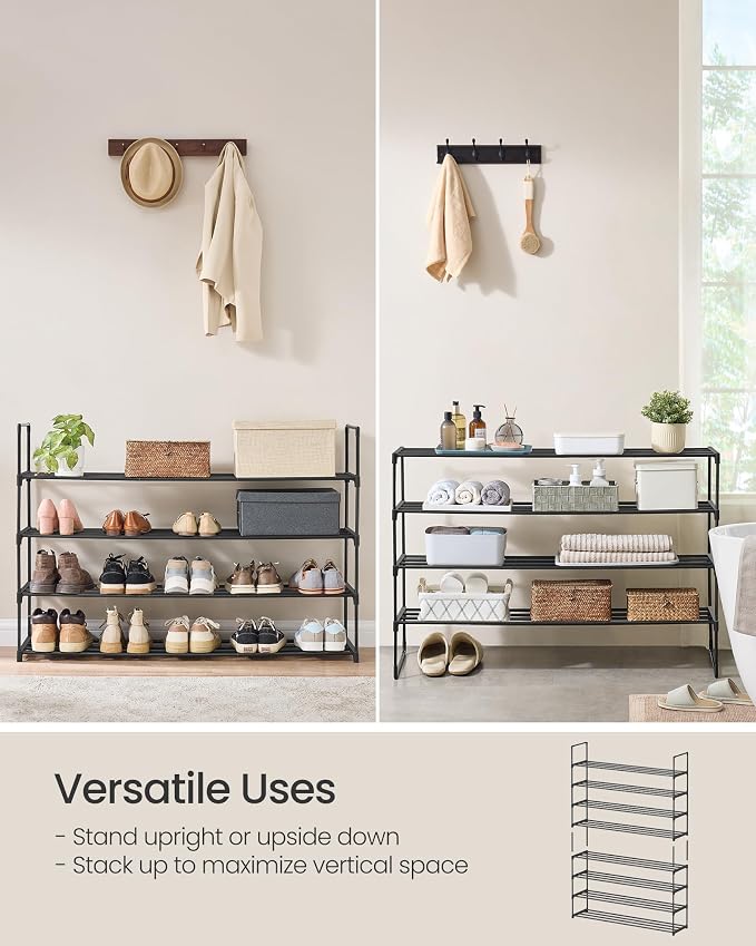 SONGMICS Shoe Rack, 4-Tier Shoe Organizer, Metal Storage Shelf | for Entryway, Upright or Upside Down, for 25-30 Pairs, Stackable, 11.8 x 46.1 x 28.4 Inches, Black ULSA034B01 - Image 4