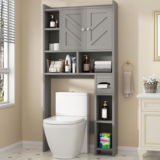 Shintenchi Over the Toilet Storage Cabinet, Bathroom Storage Cabient with Barn Doors, Bathroom Storage Shelf Organizer with Toilet Paper Holder, Adjustable Shelf and Anti-Tip Device, Gray by Shintenchi%7CFurnitureMadeforRealLife