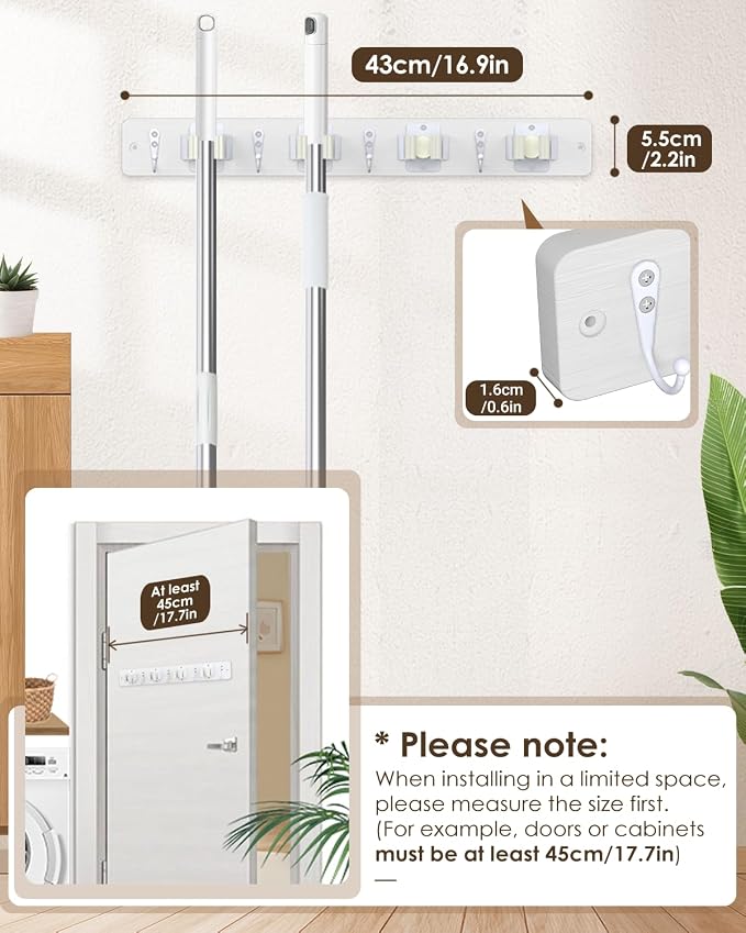 AceMining White Broom Holder Wall Mount, 4 Holders 4 Hooks Mop Holder - Image 4