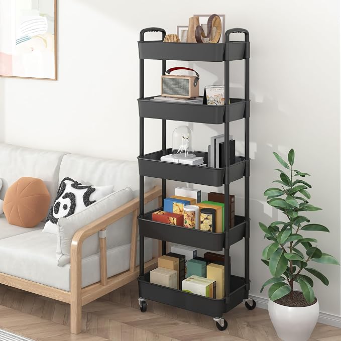 Sywhitta 5-Tier Plastic Rolling Utility Cart with Wheels,Black - Image 5