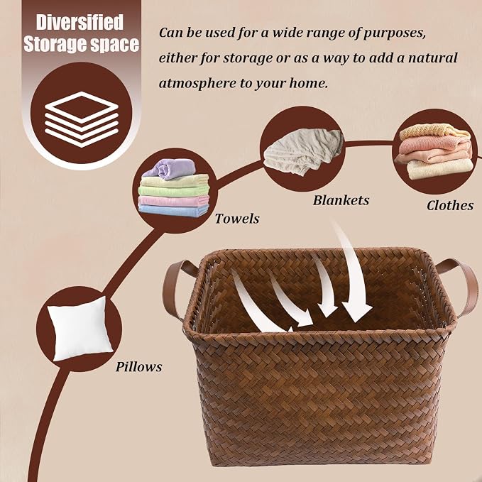 BROWNLILY Handwoven Clothes Basket Laundry Hampers Large Wicker Storage Baskets for Shelves Blankets Closet Storage Bins Car Bedroom Bathroom Organizers and Storage Bath (8, Brown) - Image 4