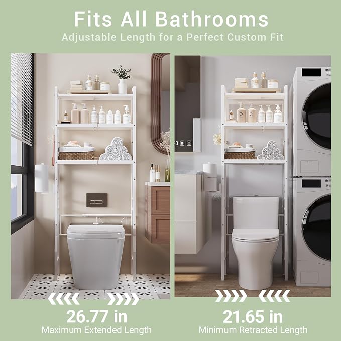Over the Toilet Storage Shelf 3-Tier Adjustable Bathroom Organizers and Storage Shelves Bathroom Rack Above Toilet Storage with Paper Holder and 4 Hooks Space Saver Storage for Laundry - Image 4