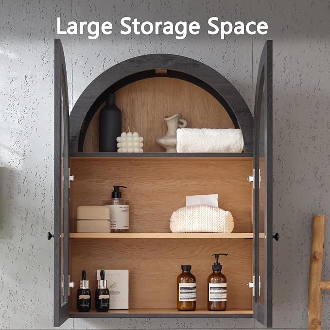 Bathroom Arched Wall Cabinet Over The Toilet Storage Cabinet, 23.5×31.4 Inch bathroom cabinet wall mount with Glass Doors & Adjustable Shelves, Wood Cabinet for Laundry Room, Kitchen,Dark Grey/Natural - Image 4