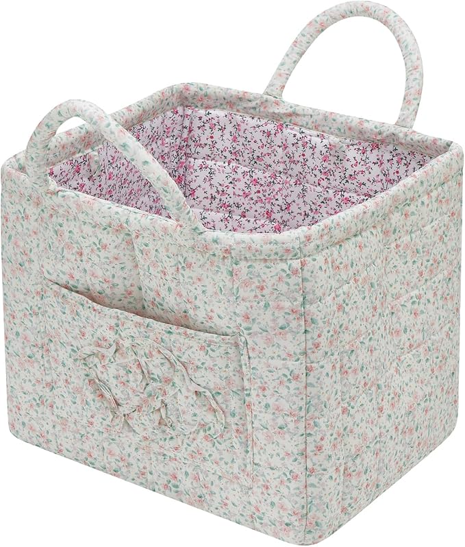 Quilted Fabric Storage Basket with Handles & Pocket, Foldable Laundry Hamper Boho Floral Print Organizer Bin for Home, Picnic, Office 12"x10"x10" (A-1) by Unknown