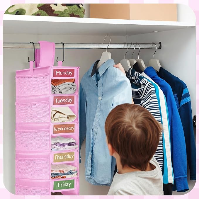 2 Pack 7 Shelf Weekly Clothes Organizer Hanging Closet for Kids with Side Pockets Weekday Shoes Rack Weekly Clothes Organizers Monday Through Weekend Foldable Storage Shelves(Pink) - Image 7