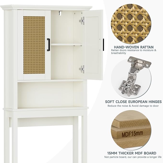 Over The Toilet Storage Cabinet, Over Toilet Storage Cabinet with Rattan Door and Anti-Tip, Above the Toilet Storage for Bathroom Behind the Toilet Bathroom Organizer, Rattan - Image 6