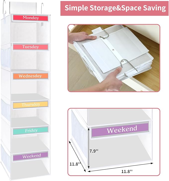 Fixwal Weekly Kids Clothes Organizer 6-Shelf Hanging Closet Storage White | Nonwoven Fabric, 6 Daily Shelves, 6 Mesh Side Pockets, 2 Metal Hooks, Foldable Design, for Kids Outfits and Accessories - Image 5