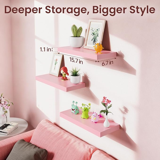 BAYKA Pink Floating Shelves 15.7in, Set of 3, Wall Mounted for Wall Decor - Image 3