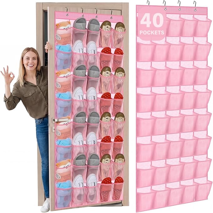 Windyun 1 Pcs 40 Pocket Over the Door Shoe Organizer Hang,Pink - Image 9