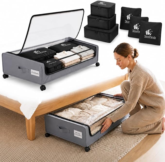 60L Under Bed Storage with Wheels, With 6 Travel Bags, 2-Pack, Light Gray by StowPanda