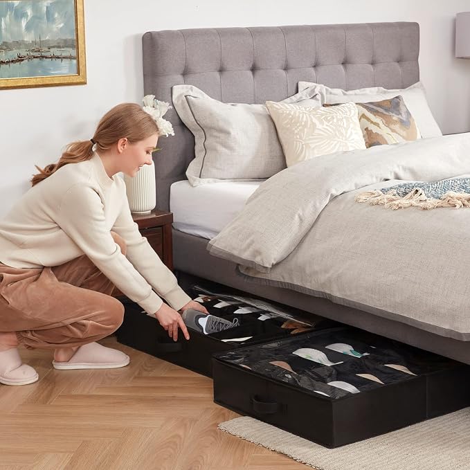 Lifewit Under Bed Shoe Storage Organizer 2 Pack(12 Shoes Cells), 4.3 Inches Profile Fabric Shoes Container Box with Clear Cover, Foldable Storage Bag with 2 Handles, Fits 12 to 24 Pairs - Image 2